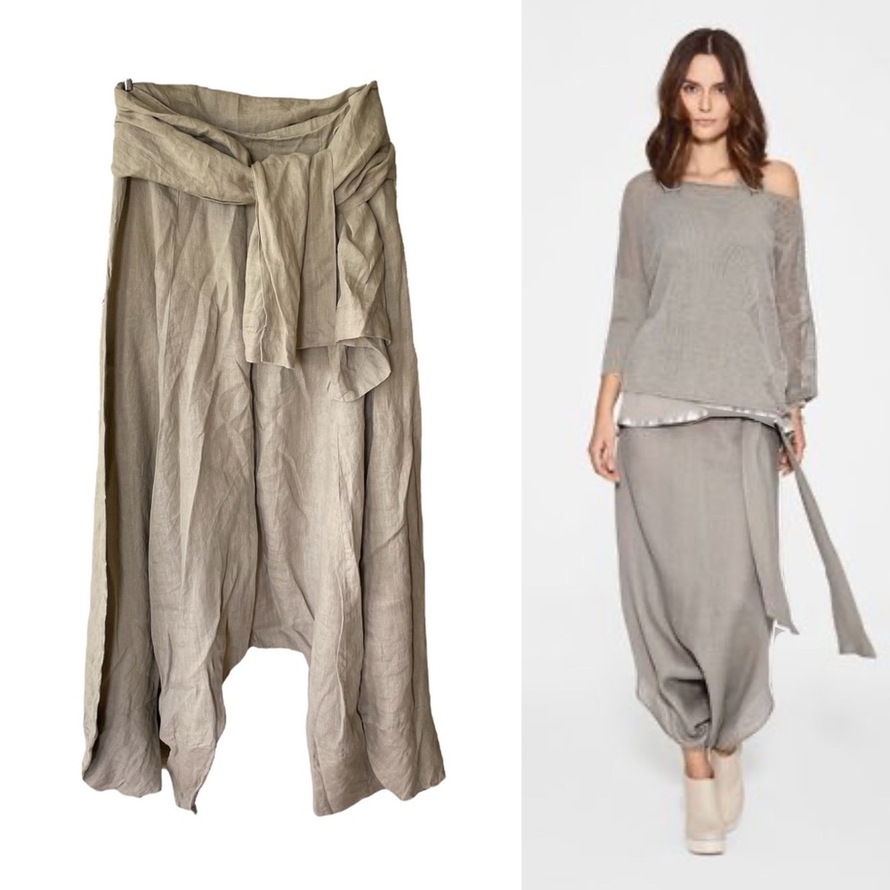 Sarah Pacini Oatmeal Beige Linen Harem Wide Leg Designer Pants with Sash Belt M